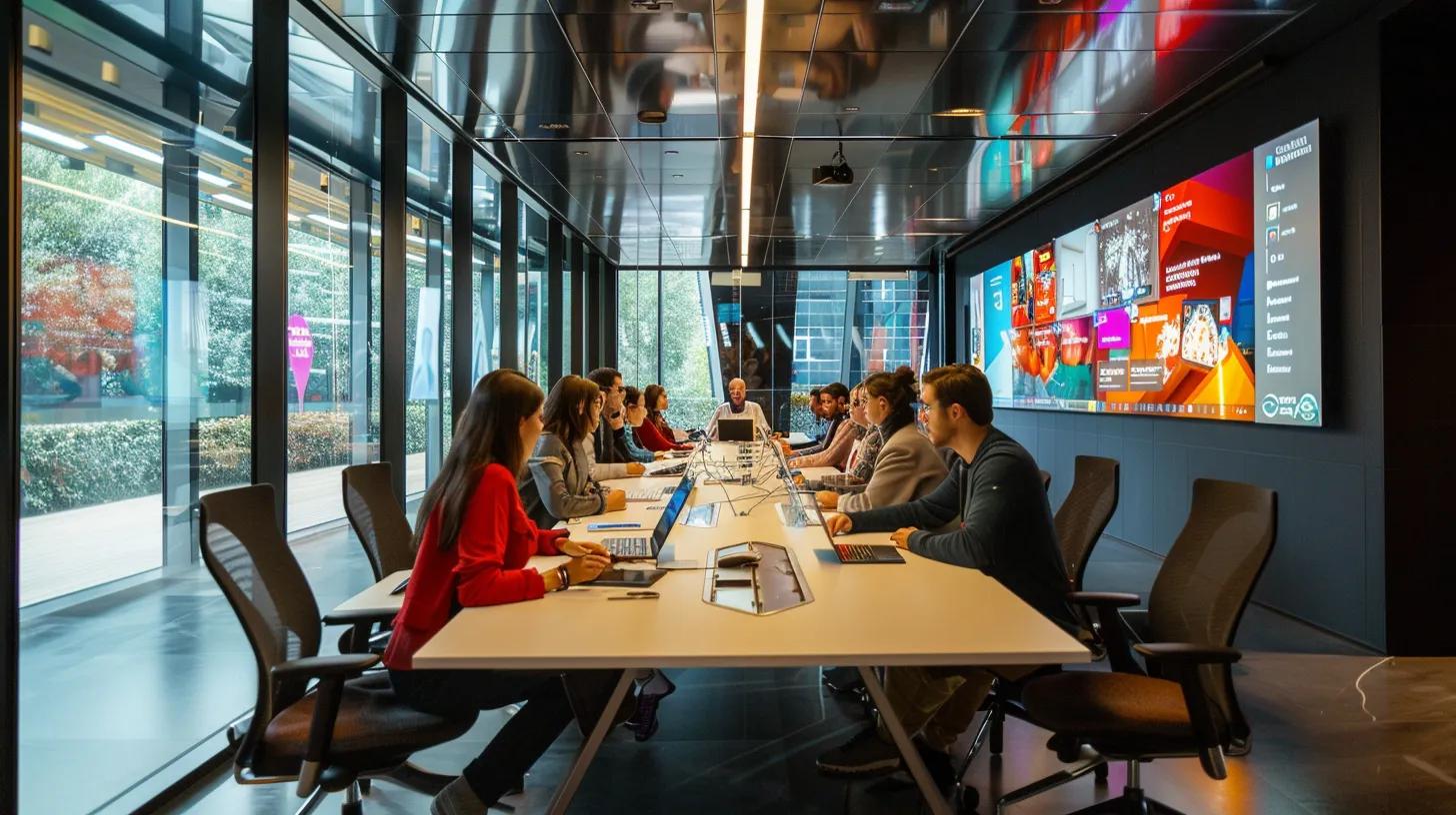 a sleek, modern corporate office in luxembourg buzzes with activity as a diverse team collaborates around a polished conference table, illuminated by warm artificial light, seamlessly integrating video screens displaying vibrant visuals of their latest production project.